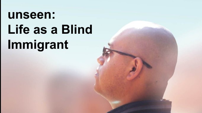 A purposely blurred photo of Pedro looking off into the distance.  Superimposed on the sky are the words in plain black text 'unseen:  Life as a Blind Immigrant'